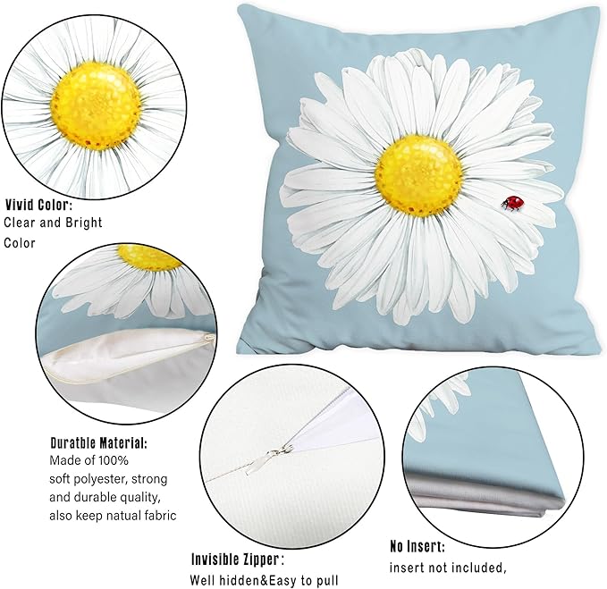 Hexagram Spring Summer Pillow Covers 16x16 Set of 4, Floral Daisy Outdoor Decorative Throw Pillow Covers, Blue Farmhouse Cushion Case for Couch Sofa Living Room Bedroom Home Indoor Decor(No Insert)