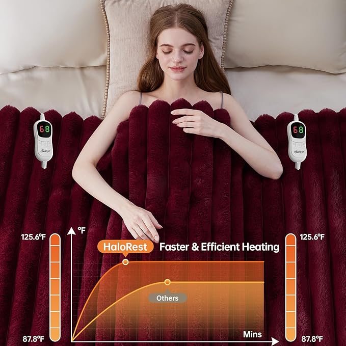 Heated Throw Blanket, Faux Fur Cozy Heating Blanket with Overheat Protection, 1/2/4/6/8 Hours Auto-Off 10 Heat Level, Machine Washable (84x90 Inches, Red)