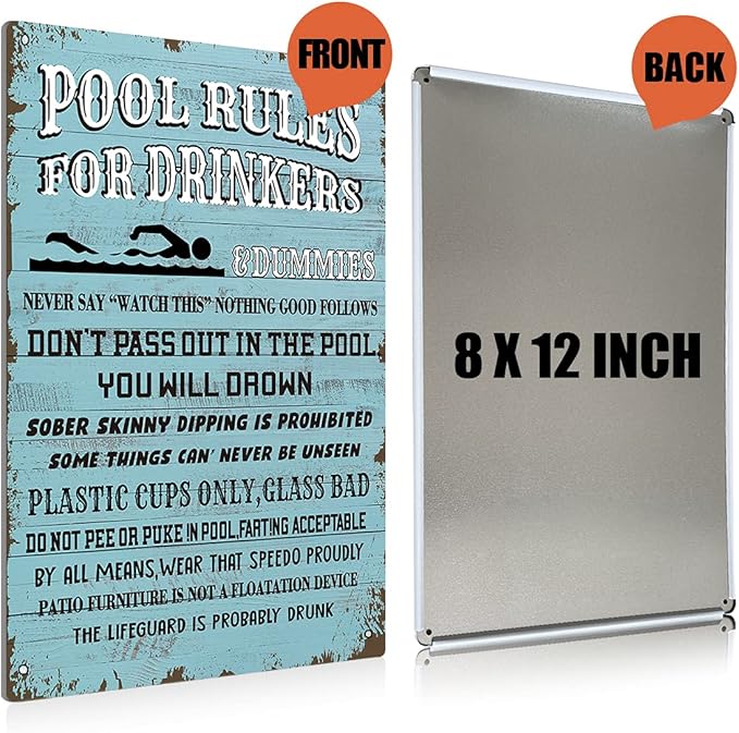 BEASTZHENG Swimming Pool Rules for Drinkers - Metal Tin Wall Decor, Blue Pool Sign - 8x12 Inch