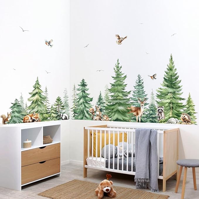 decalmile Large Watercolor Pine Tree Animals Wall Stickers Woodland Forest Tree Fox Deer Bear Wall Decals Baby Nursery Bedroom Living Room Wall Decor