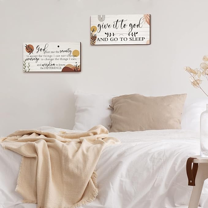 Chunful 2 Pcs Give It to God and Go to Sleep Sign Above Bed Wall Decor Serenity Prayer Sign Prayer Wall Art Rustic Farmhouse Vintage Bedroom Decor for Home(Boho Style)
