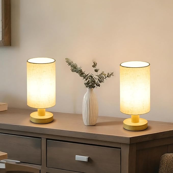 Bedside Lamps Set of 2, Small Bamboo Table Lamps for Bedroom, Minimalist Nightstand Lamps with Linen Shade, Modern Desk Lamp for Living Room, Study, Dorm (LED Bulbs Included)
