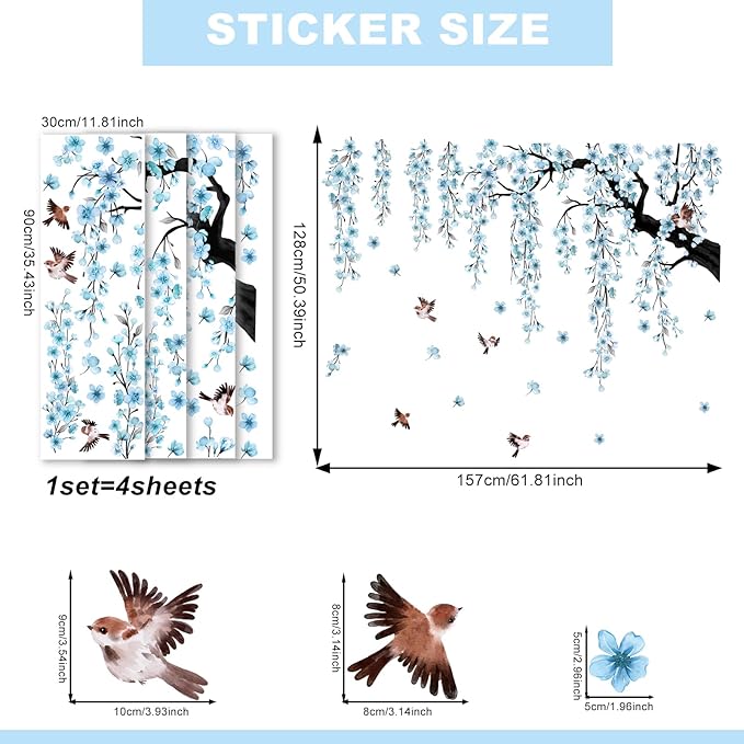 Large Cherry Blossom Tree Wall Stickers,4 Sheets Spring Blue Flower Bird Wall Decals Peel and Stick Waterproof Wall Murals Decor for Living Room Bedroom (Blue, 11.8 * 35.4inch)