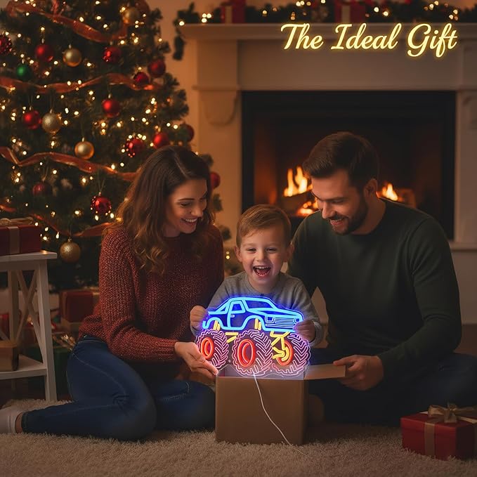 Monster Truck Neon Sign for Boys Room, Playroom Wall Decor, Trendy Teen Room Decorations, Party and Birthday Gift Idea, Night Light with USB Powered Dimmable Switch, 15 x 10.5 in