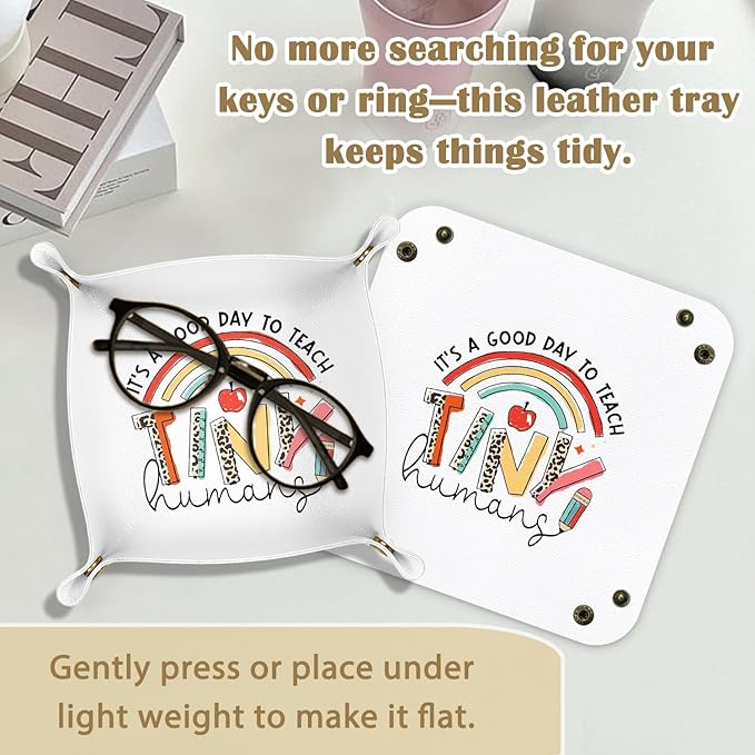 Teacher Gifts Jewelry Valet Tray for Women Men, Teacher Appreciation Gifts PU Leather Catchall Beside Caddy Nightstand Organizer Tray for Jewelry Rings Watches and Accessories,7.87x7.87