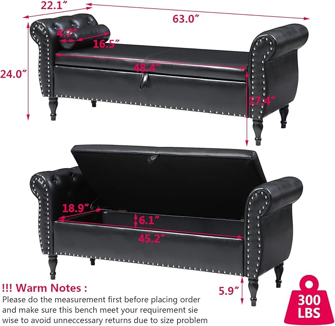 Aoowow Storage Bench for Bedroom End of Bed Rolled Armed PU Leather Ottoman Long Bench Seat Window Sitting Fireplace Toy Storage Bench, Black