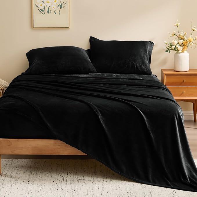 BEDELITE Flannel Sheets Full Size Black - Super Soft Fleece Sheets Set Fluffy Extra Plush, 4 Piece(Include Fitted Sheet, Flat Sheet, 2 Pillowcases)