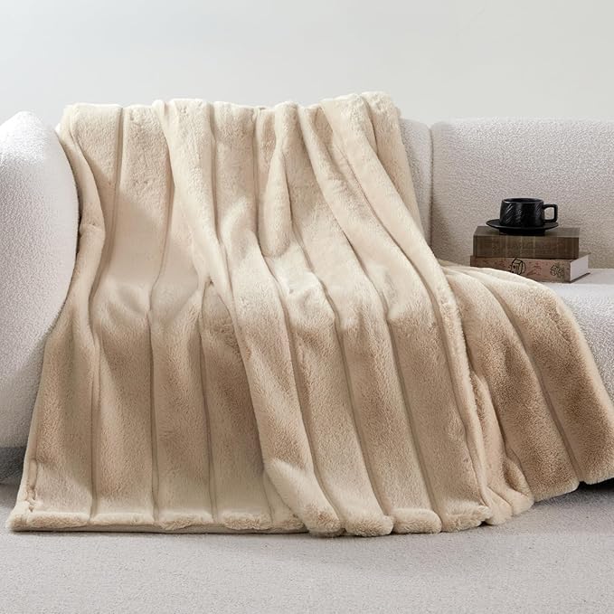 Cozy Bliss Deluxe Sheared Rabbit Faux Fur Throw Blanket, Soft Fuzzy High-Low Sculpted Plush Blanket for Couch, Cozy Home Accent, All Season Use, Khaki 60"x80"