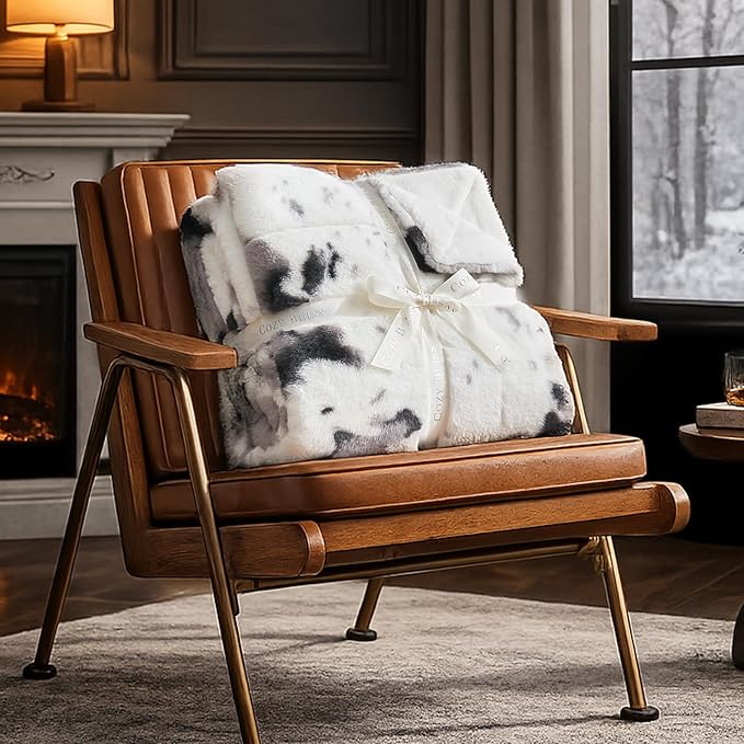 Cozy Bliss Cow Print Faux Fur Throw Blanket, Animal Printed Blankets Super Soft Warm Thick Fluffy Throws Home Decor for Couch Bed Sofa Women (Black&Grey Cow, 50x60 Inches)