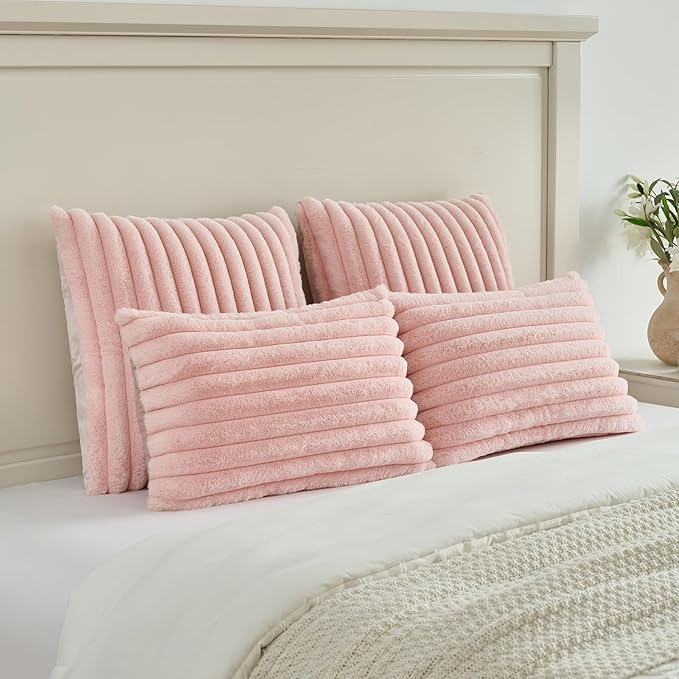 FUTEI Pink Decorative Throw Pillow Covers Set of 2, 22x22 Inch Soft Fluffy Faux Fur Plush Striped Cushion Cases, Modern Home Decor for Couch Bed Living Room