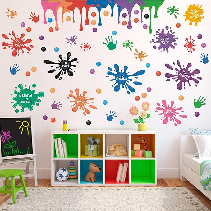 HLNIUC Colorful Inspirational Wall Decals 31pcs Positive Saying Ink Splatter Splotches Wall Sticker Watercolour Motivational Lettering Wall Peel and Stick Decor for Kid Playroom Daycare Art Decor