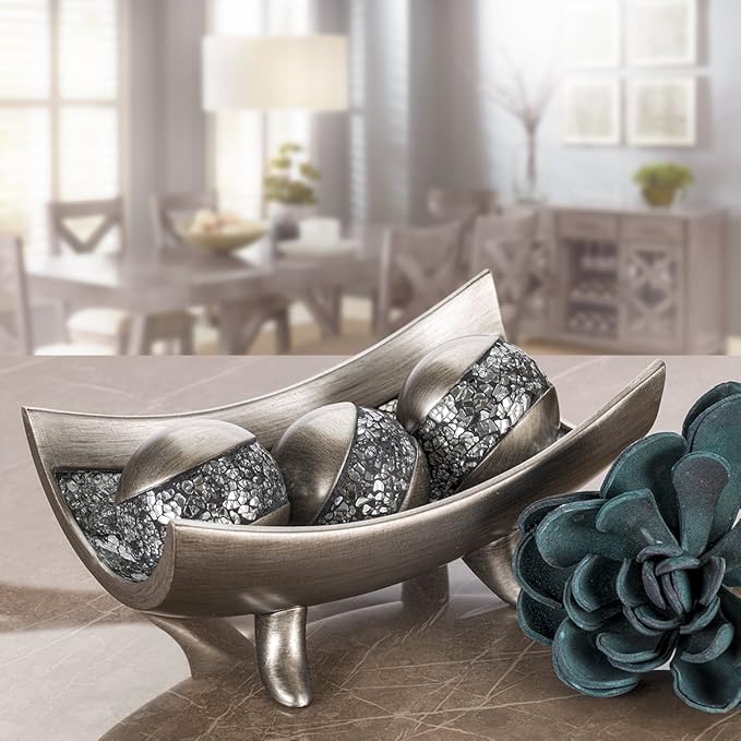 Creative Scents Schonwerk Silver Decorative Balls for Bowls and Vases, Set of 3 Decorative Orbs for Centerpiece Bowls - Centerpiece Table Decorations for Dining/Living Room or Table Decor - Gift Idea