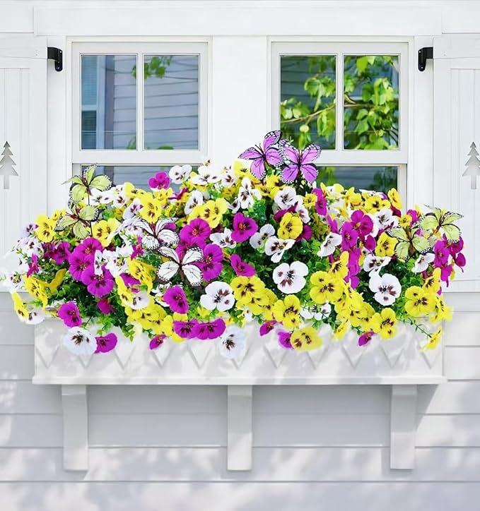 Artificial Flowers for Outdoor, 36 Bundles UV Resistant Faux Silk Pansy Flowers with Butterfly Accents, Realistic Fake Plants for Planters, Window Boxes & Grave Decor, 30 Bundles + 6 Butterflies