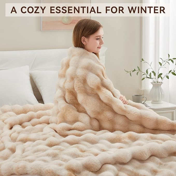 Faux Fur Throw Blanket, 1000GSM Fluffy Soft Bubble Blanket for Couch Bed, Cozy Plush Warm and Thick Blanket, Fuzzy Rabbit Throw for Living Room Bedroom 80''*90'' Tie-dye Brown