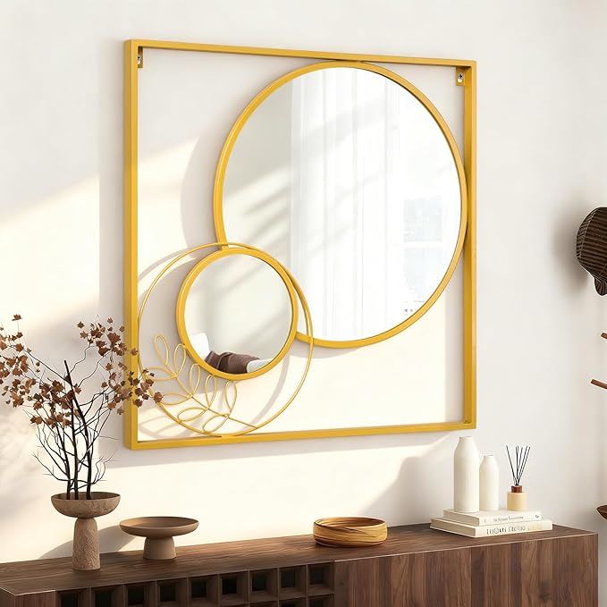 Gold Metal Mirror Set, Square Large Wall Mounted Mirror Golden Modern Artistic Decorative Mirrors for Bedroom Living Room Entryway 30x30 Inch Decor