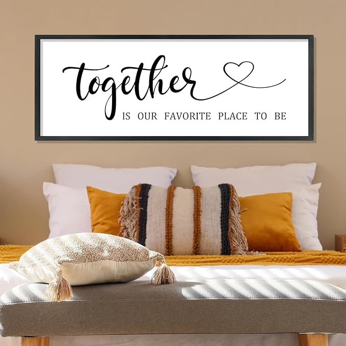 YWJKWLGS Together Is My Favorite Place to Be Sign Master Bedroom Wall Decor Above Bed 40x15 Inch Love Quotes Wall Art Large Rustic Modern Wood Framed for Couples (Black)