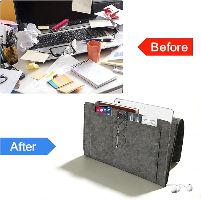 2Pcs Bedside Pocket Storage Holder, Felt Hanging Bed Caddy Organiser Bag, Sofa Bunk Beds Organizer for Mobile Phone, iPad, Remote Control, Books, Glasses, Magazine (Gray and Beige)