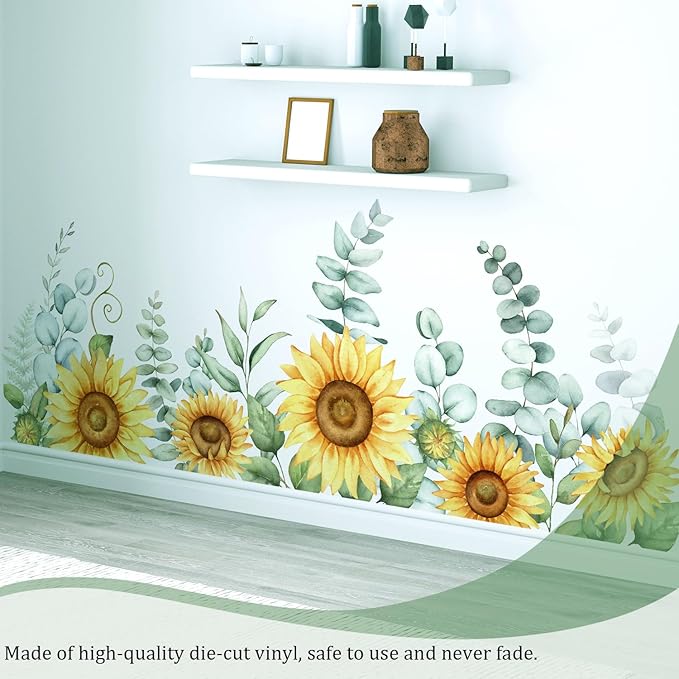 Sunflowers Floral Wall Decals Peel and Stick, Large Floral Flowers Wall Stickers, Removable Vine Home Decor Art for Bedroom Living Room Classroom Office