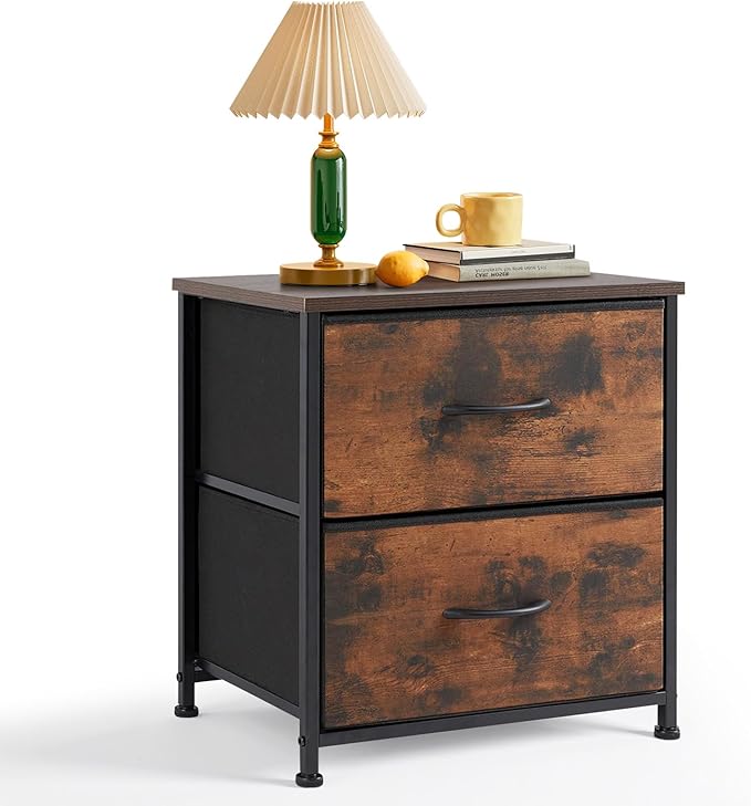 Nightstand Set of 2, Small 2 Drawer Dresser End Table Bedside Furniture, Wooden Top Fabric Bins for Bedroom, Closet, Entryway, Dorm, 11.8" D x 18" W x 20", Brown