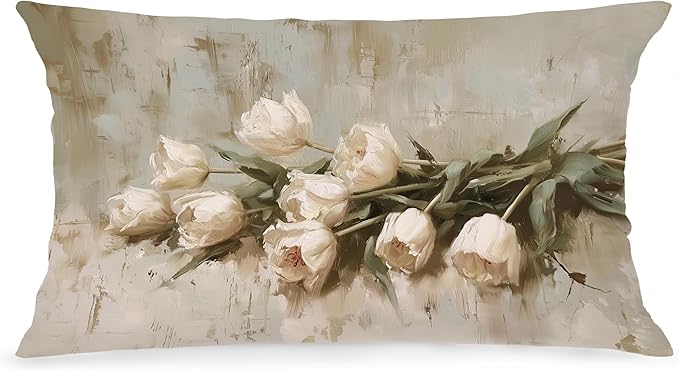 Vintage White Tulip Floral Lumbar Pillow Cover 12x20 Double-Sided, Cottagecore Room Decor, Neutral Farmhouse Spring White Flower Decorative Throw Pillow Cover for Living Room Home Bedroom