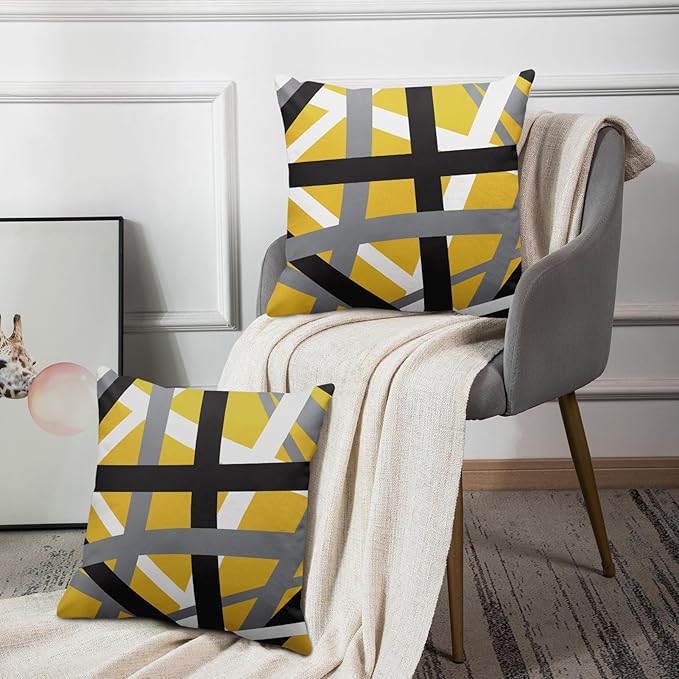 Emvency Set of 2 Throw Pillow Cover Yellow Black Stripes Grey White Design Retro Decorative Pillow Case Striped Home Decor Square 16x16 Inch Cushion Pillowcase