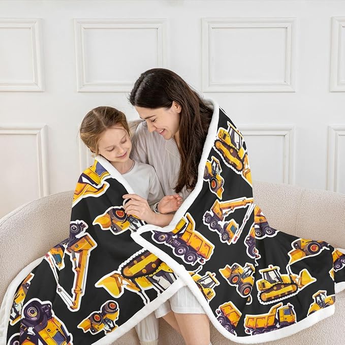 Erosebridal Excavator Sherpa Blanket Under Construction Fleece Blankets Cartoon Truck Tractor Blanket Throw for Kids Boys Young Cranes Equipment Fuzzy Blankets Sofa Decor Twin 60"x80" Yellow