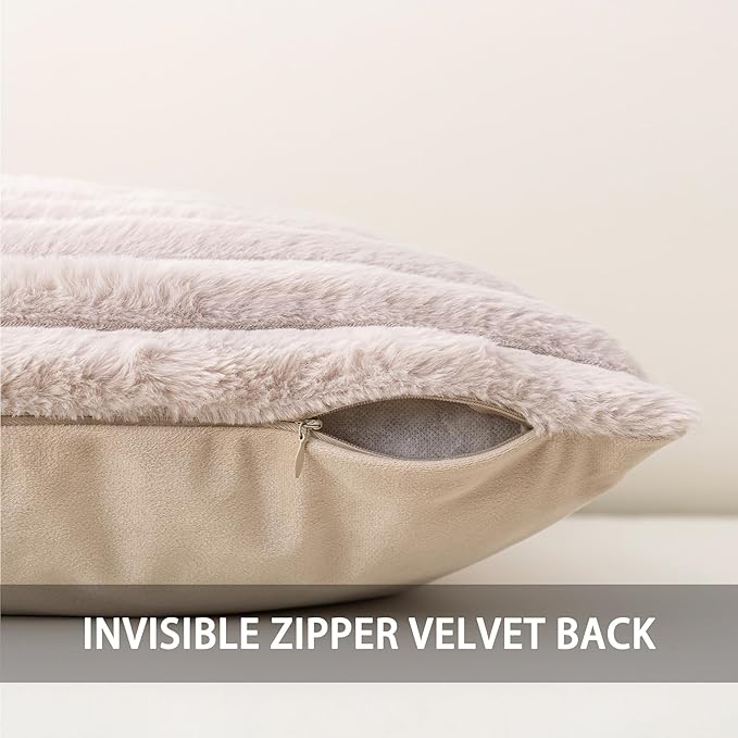 Aegero Pack of 2 Faux Fur Christmas Throw Pillow Covers 20x20 Inch, Soft Plush Striped Neutral Couch Pillow Cover, with Velvet Back Modern Home Decor for Sofa Living Room Couch Bed Light Grey