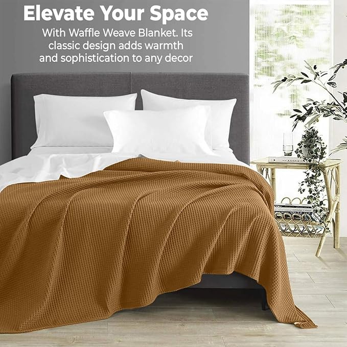 100% Cotton Blankets for Bed - Waffle Weave Blankets for Summer, Lightweight and Breathable Soft Woven Blanket for Spring (Orange, Queen (90" x 90"))