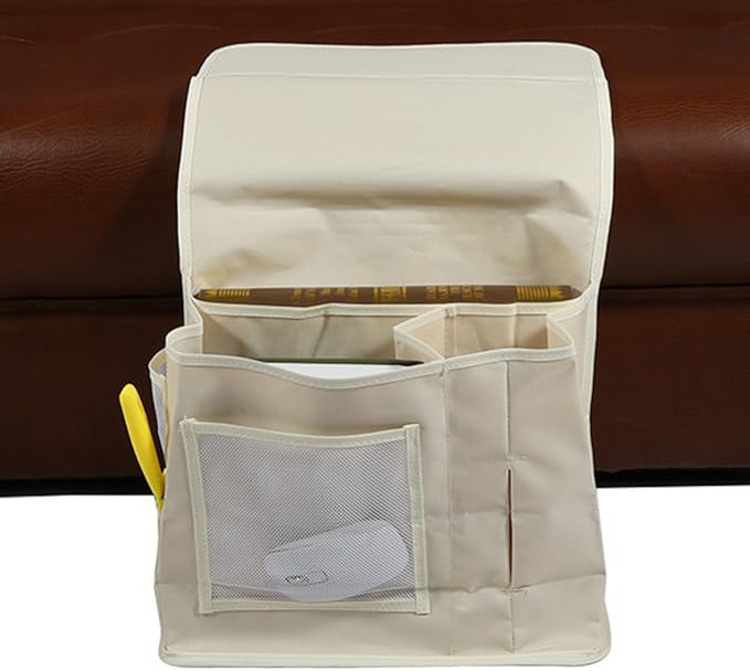 Oxford Bed Pockets Portable Remote Control Bedside Storage Caddy Hanging Organizer Bag with 6 Pockets Bed Sofa Organizer for Magazine Tissue Phone Beige