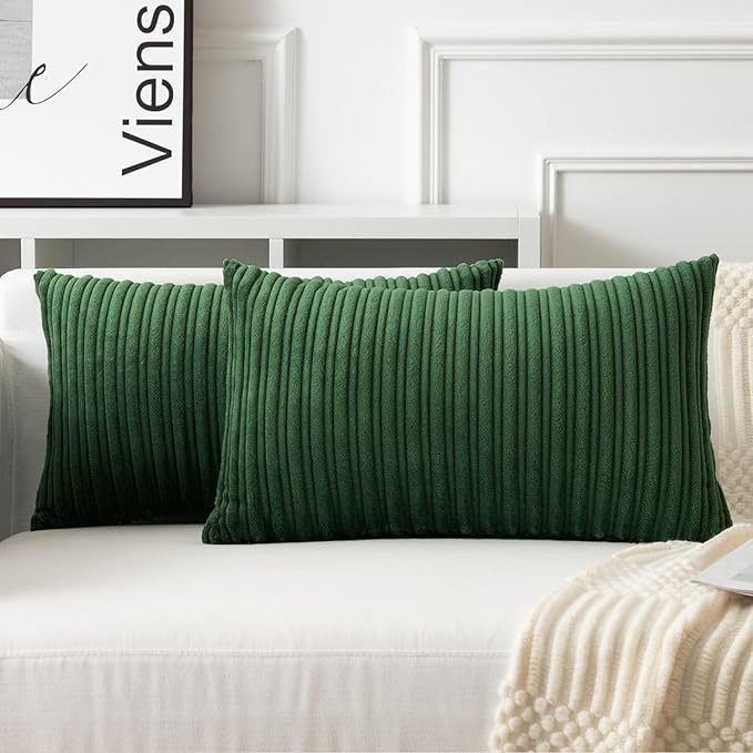 UGASA 12x20 Inch Lumbar Soft Throw Pillow Covers Striped Corduroy Decorative Both Sides Solid Rectangular Cushion Cases Boho Farmhouse for Couch Bedroom Sofa Home, Pack of 2, Christmas Green