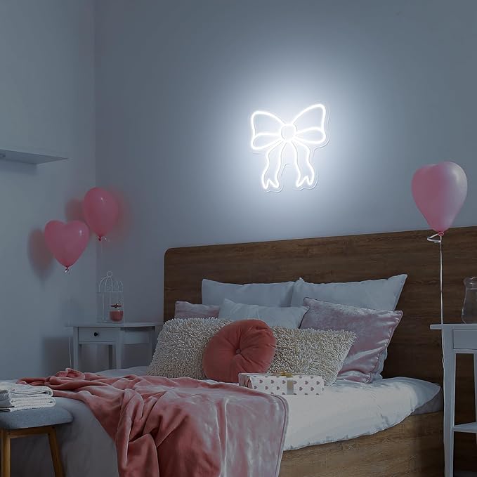 Retisee Bow LED Neon Sign Bedroom Women Room Neon Light Sign Coquette Aesthetic Home Wall Preppy Dorm Beauty Room Salon Decor Party Bar Decoration Gift for Her 11.8x11.8in (White)