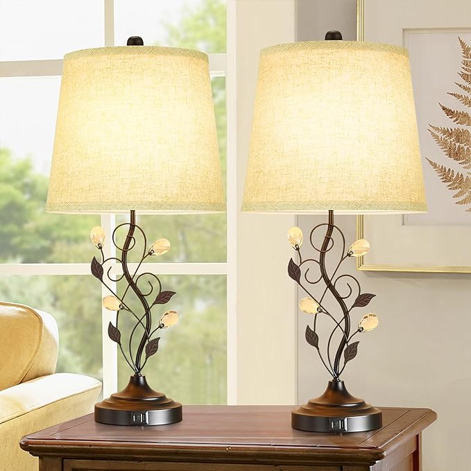 24.5in Farmhouse Table Lamps Set of 2, Rustic Bedroom Lamps with 2 USB Charging Ports, Cream Fabric Shade, Metal & Crystal Finish