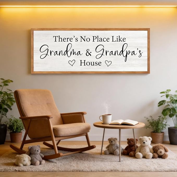 There’s No Place Like Grandma and Grandpa’s House Wall Decor: 32x12 Inch Framed Wooden Family Quote Sign, Rustic Farmhouse Wall Art for Grandparents’ Home, Living Room or Entryway, Natural