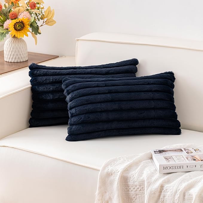 Aegero Pack of 2 Faux Fur Fall Throw Pillow Covers 12x20 Inch, Soft Plush Striped Neutral Couch Pillow Cover, with Velvet Back Modern Home Decor for Sofa Living Room Couch Bed Dark Blue