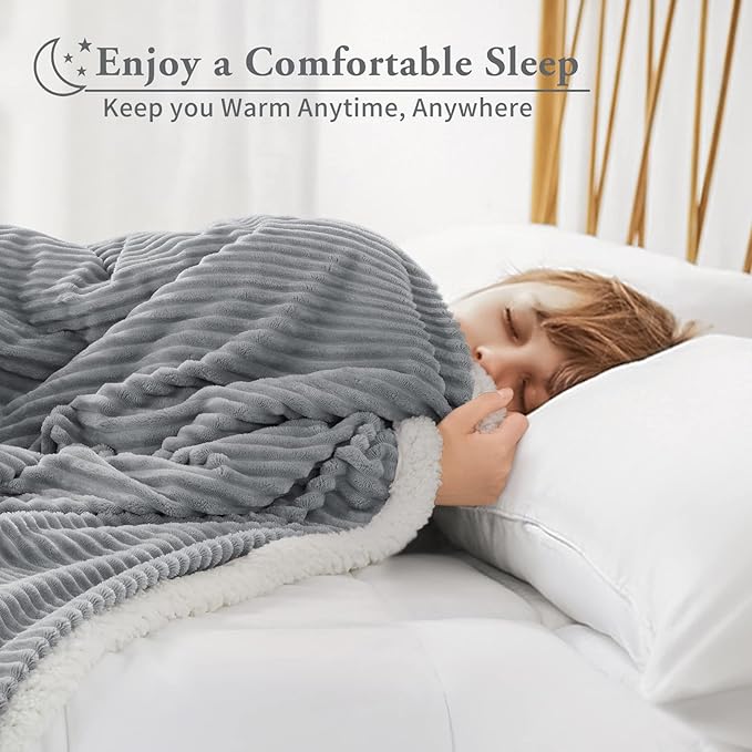 LBRO2M Striped Sherpa Fleece Bed Blanket Queen Size, Super Soft Fuzzy Plush Warm Cozy Fluffy Microfiber Couch Throw Velvet Double Reversible Luxurious Blankets (90x90),Grey