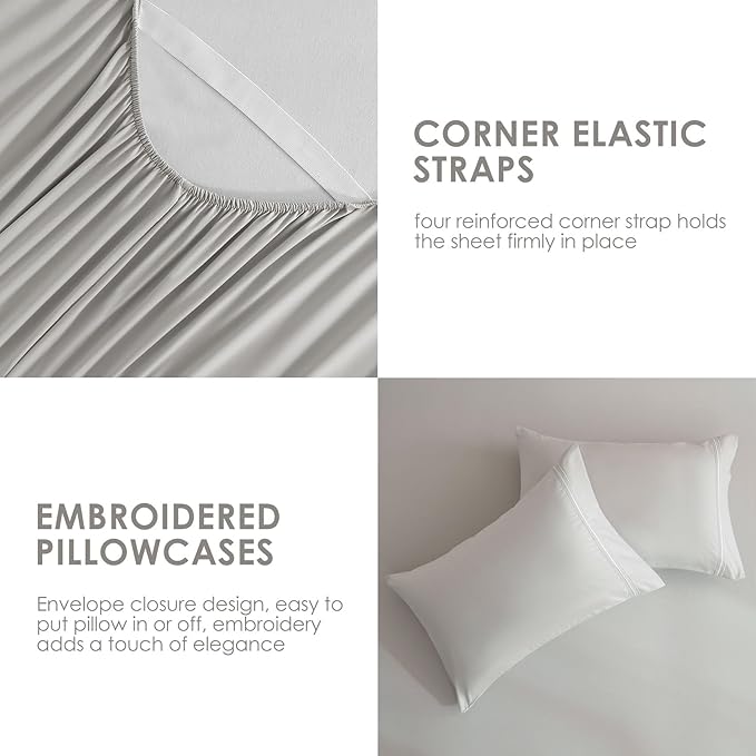JSD Light Grey King Sheet Set with Side Pocket Corner Straps, 4 Piece Soft Microfiber Bed Sheets Extra Deep Pocket