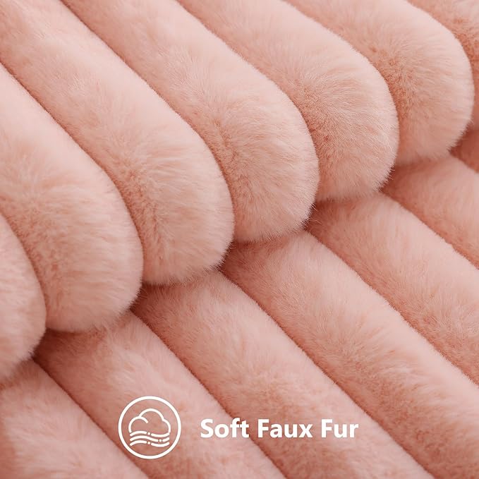 decorUhome Summer Cozy Faux Fur Throw Pillow Covers 22x22 Set of 2 Decorative Plush Striped Modern Farmhouse Boho Couch Euro Sham Pillow Cases with Velvet Back for Sofa Bed Living Room, Blush Pink
