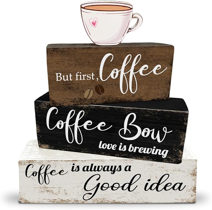4 Pcs Wooden Coffee Table Decoration Rustic Tiered Tray Decor Retro Wood Block Sign Farmhouse Table Centerpiece for Home Kitchen Coffee Table Bookshelf Mantel Shelf Decor