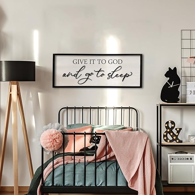 Give it to God and Go to Sleep Sign Wall Decor Wood Frame 32" X 12" Master Bedroom Above Bed Large Minimalistic Rustic Farmhouse Hanging Over Bed Wall Art Guest Room Decoration (Black)