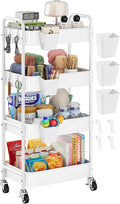 4 Tier Rolling Cart Metal with Wheels, White Four Tiered Rolling Storage Cart on Wheels, Utility Roller Carts Organizer for Art, Craft, Baby Diaper Caddy, Snack, Book, Large-Capacity Shelving Units