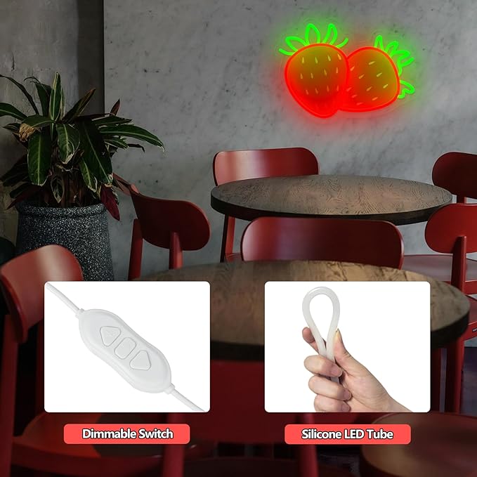 Strawberry Neon Sign for Wall Decor, Dimmable Printing Strawberries Fruits Neon Lights, Vibrant Fruit Themed Neons LED Signs for Kids Room, Bedroom, Restaurant, Bar, Club, Fruit Shop, Birthday Party