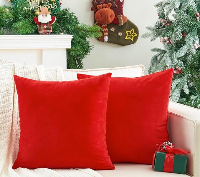 Pack of 2 Christmas Red Pillow Covers 22x22 Inch Decorative Throw Pillow Cover, Velvet Pillowcases for Couch Sofa Bed, Home Boho Decor, Modern Soft Cushion Covers