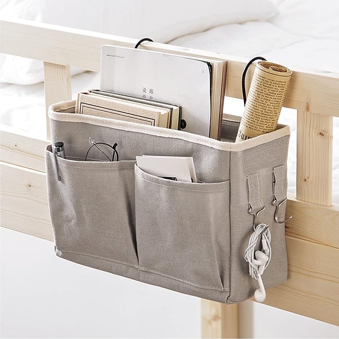 flexman Nightstand Hanging Bag, Hook Design Bedside Storage Pocket Organizer Basket with Metal Bracket and Wear Resistant Fabric for Kitchen Wardrobe Doors, Hanging Rods(Gray)