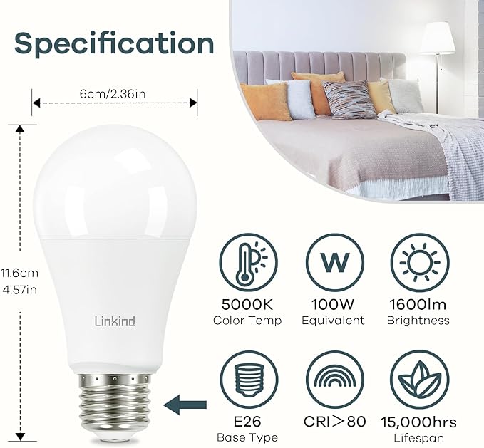 Linkind A19 LED Light Bulb, 100W Equivalent Light Bulbs, 14W 5000K Daylight, 1600 Lumens Non-Dimmable LED Bulb, E26 Standard Base, Energy Efficient UL Listed, 12-Pack