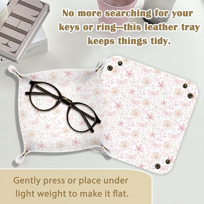 Pink Coquette Bow Floral Leather Jewelry Valet Tray, Preppy Bow Flower PU Leather Catchall Beside Caddy Nightstand Organizer Tray for Jewelry Rings Watches Keys and Accessories, 7.8x7.8inch