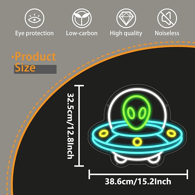 UFO Neon Sign, Alien Neon Signs for Wall Decor, UFO ET Dimmable Neon Light for Bedroom, Game Room, Kids Room, Bar Decoration, USB Powered Light Up Signs for Party Decor