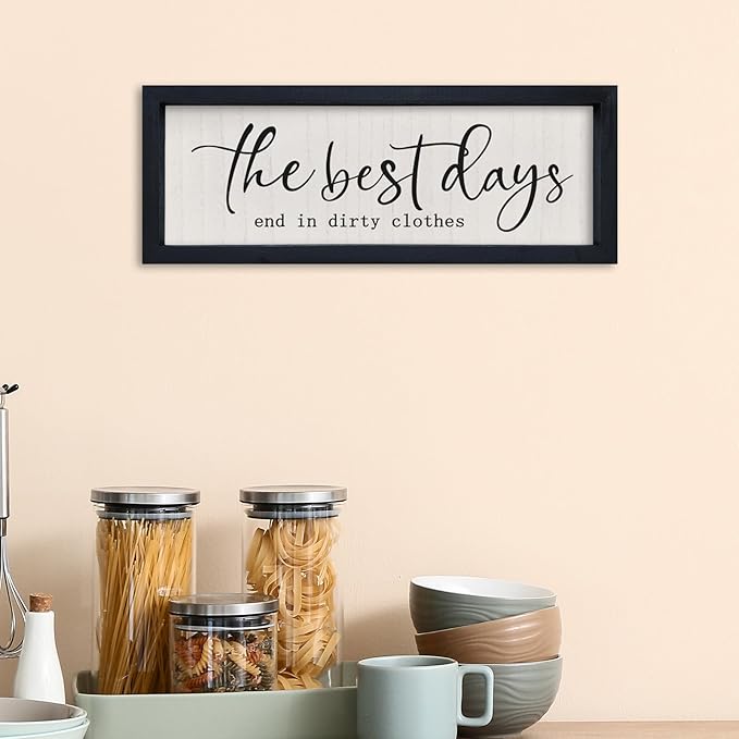 comurdyo Laundry Sign Wall Decor 16"×6" The Best Days End In Dirtiest Clothes Funny Laundry Room Bathroom Wood Framed Hanging Wall Art (Black)