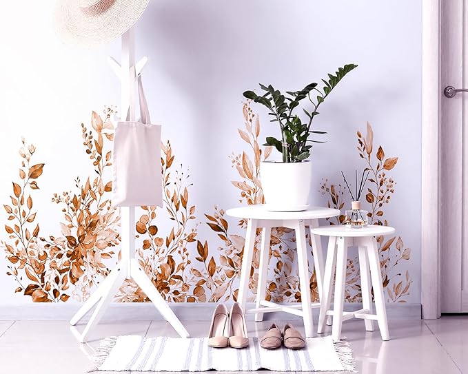 Orange Plants Leaves Wall Decals Peel and Stick, Large Floral Flowers Vinyl Wall Stickers, Removable Vine Home Decor Art for Bedroom Living Room Classroom Office
