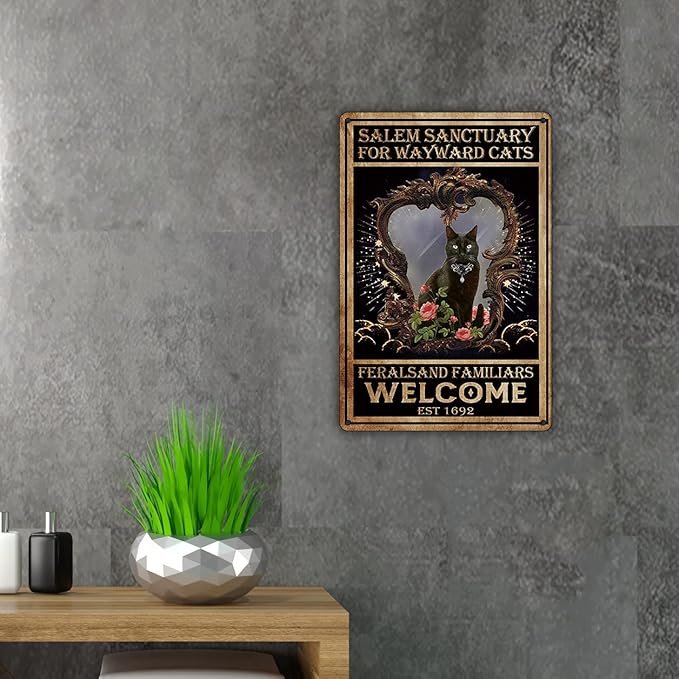 QIONGQI Vintage Witch Cat Metal Tin Sign Wall Decor Retro Black Cat Witchy Art Signs for Home Decor Gifts