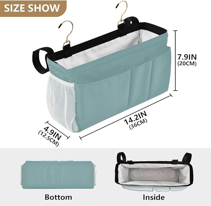 DOMIKING Teal Bedside Caddy for Dorm Bed Recliner Armrest Organizer with Hooks Haning Holders for Tablet Phone Magazine